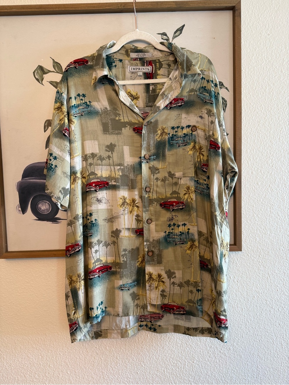 Imprints‎ Men's Green Hawaiian Camp Shirt with Retro Car Print